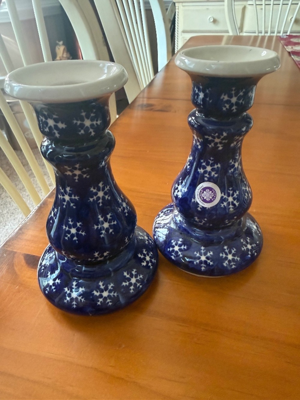 Polish Pottery: Pair of Beautiful Candlesticks: Winter Snowflake Pattern